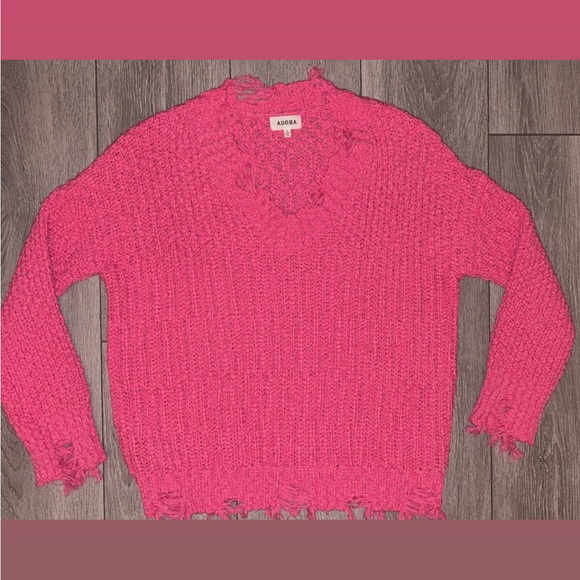 Adora Women’s Size Medium Hot Pink Sweater V-neck Chunky Warm Distressed EUC - Picture 1 of 7